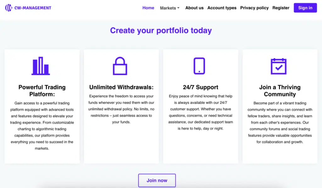 cw management home page screenshot